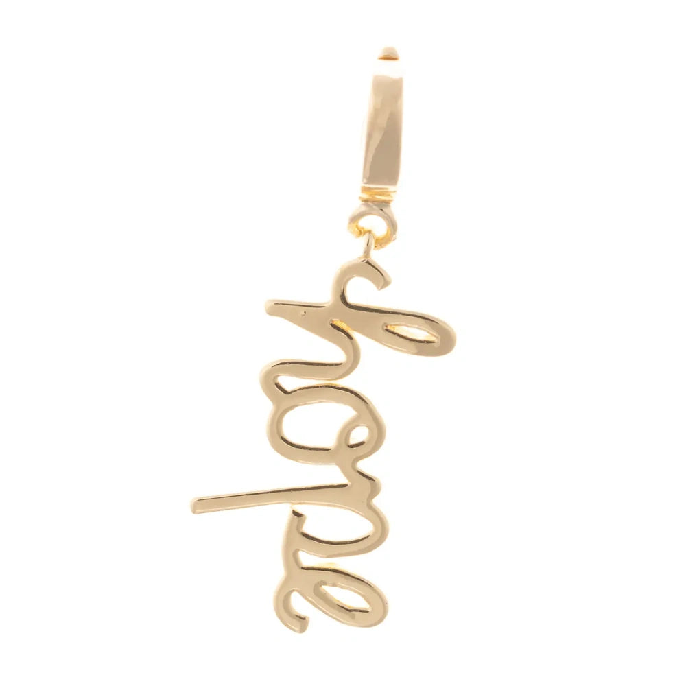 Gold pendant charm spelling "Hope" in cursive script on a white background.