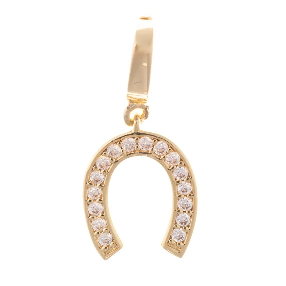 Gold horseshoe charm set with round, sparkling crystal accents facing downwards.