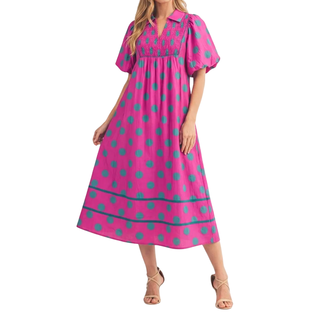 Hot pink and mint green polka dot midi dress with short puff sleeves, smocked bodice, and collar.