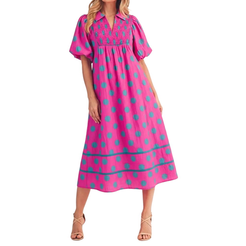 Hot Pink/Mint Short Puff Sleeves Polka Dot Midi Dress