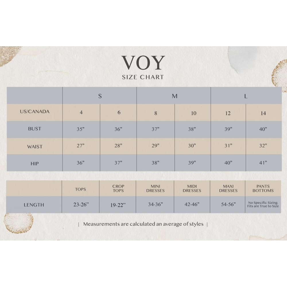 VOY brand size chart showing body measurements for S, M, and L sizes.