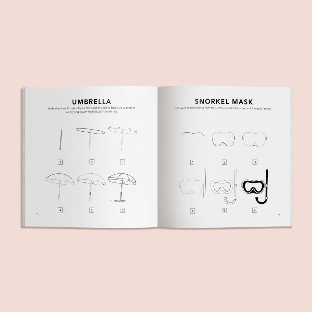 Step-by-step drawing guide for a beach umbrella and snorkel mask on open book pages with simple line art illustrations.