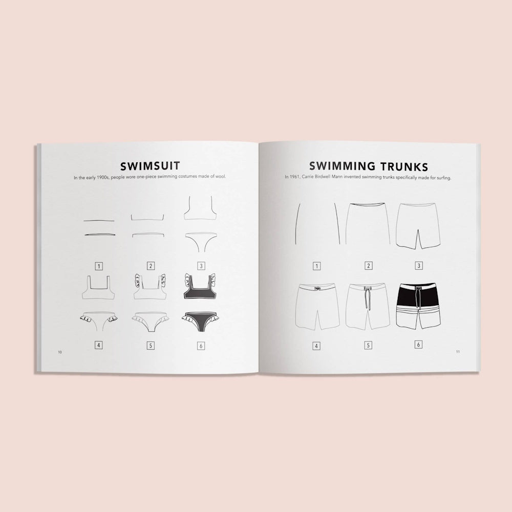 Step-by-step drawing instructions for a swimsuit and swimming trunks from a children's activity book.