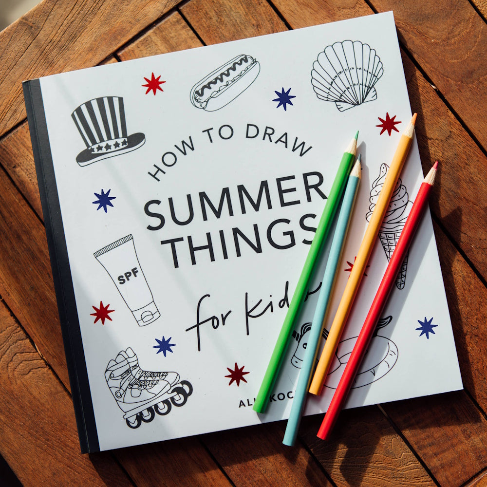 "How to Draw Summer Things for Kids" activity book cover with colored pencils on a wooden table.