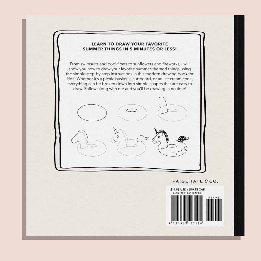 Back cover of a summer drawing book for kids featuring step-by-step instructions for a unicorn pool float illustration.