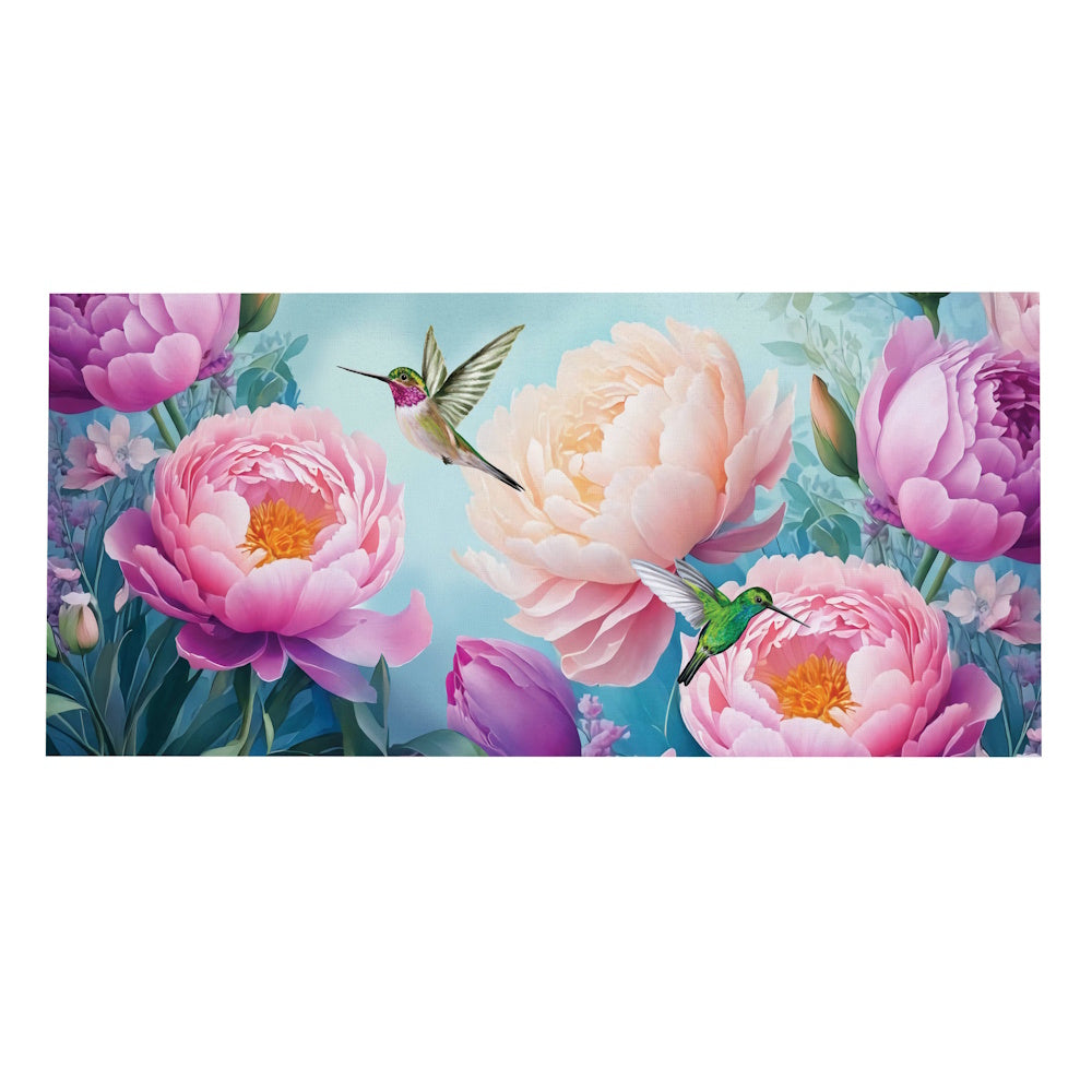 Decorative door mat insert with hummingbirds flying among pink and peach peonies on a light blue background.