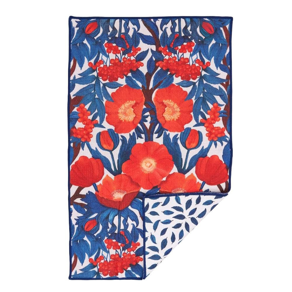 Kitchen tea towel featuring a vibrant red Icelandic poppy and blue leaf pattern with a decorative folded corner.