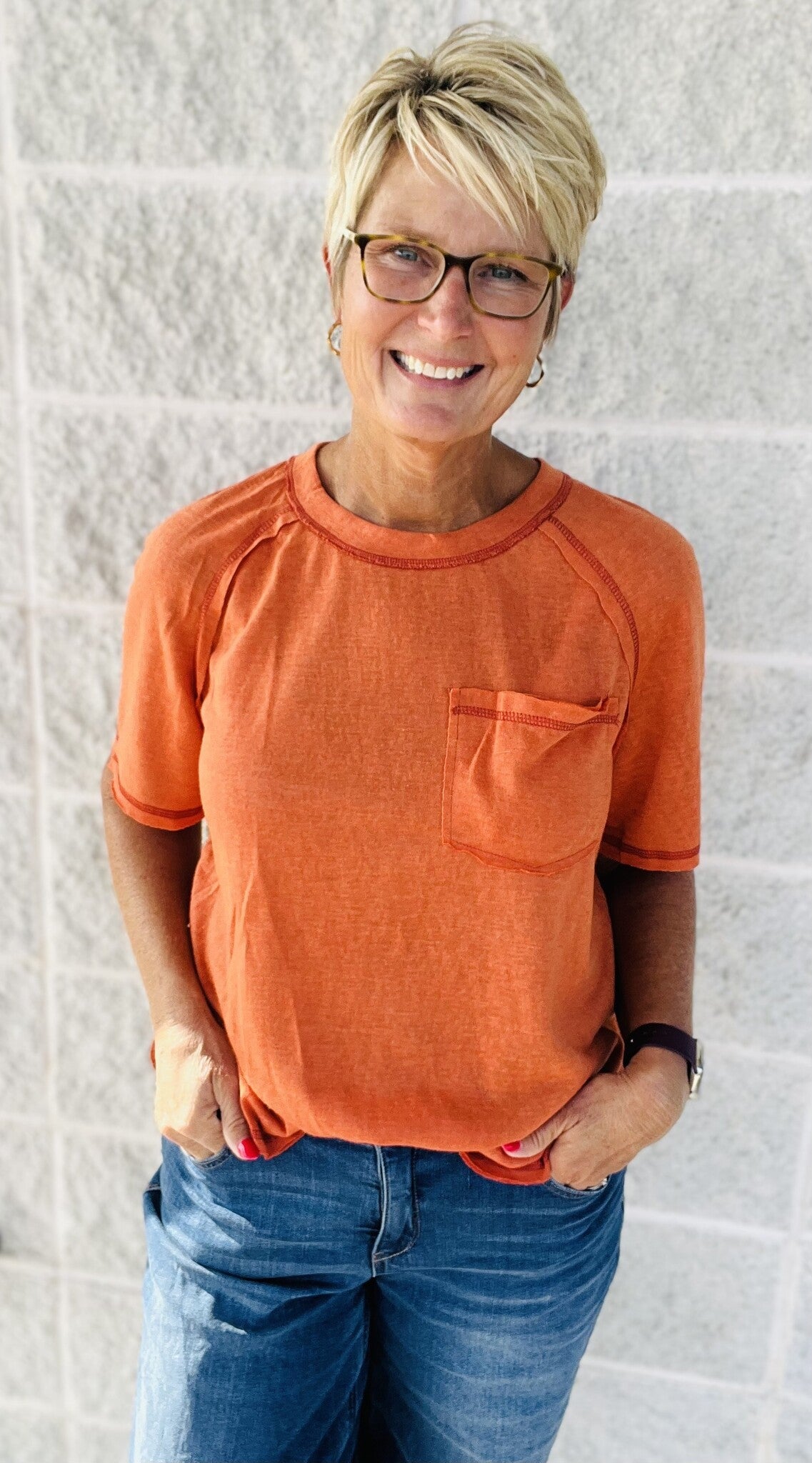 Raglan Short Sleeve Front Pocket Round Neck Top — alternate view 5