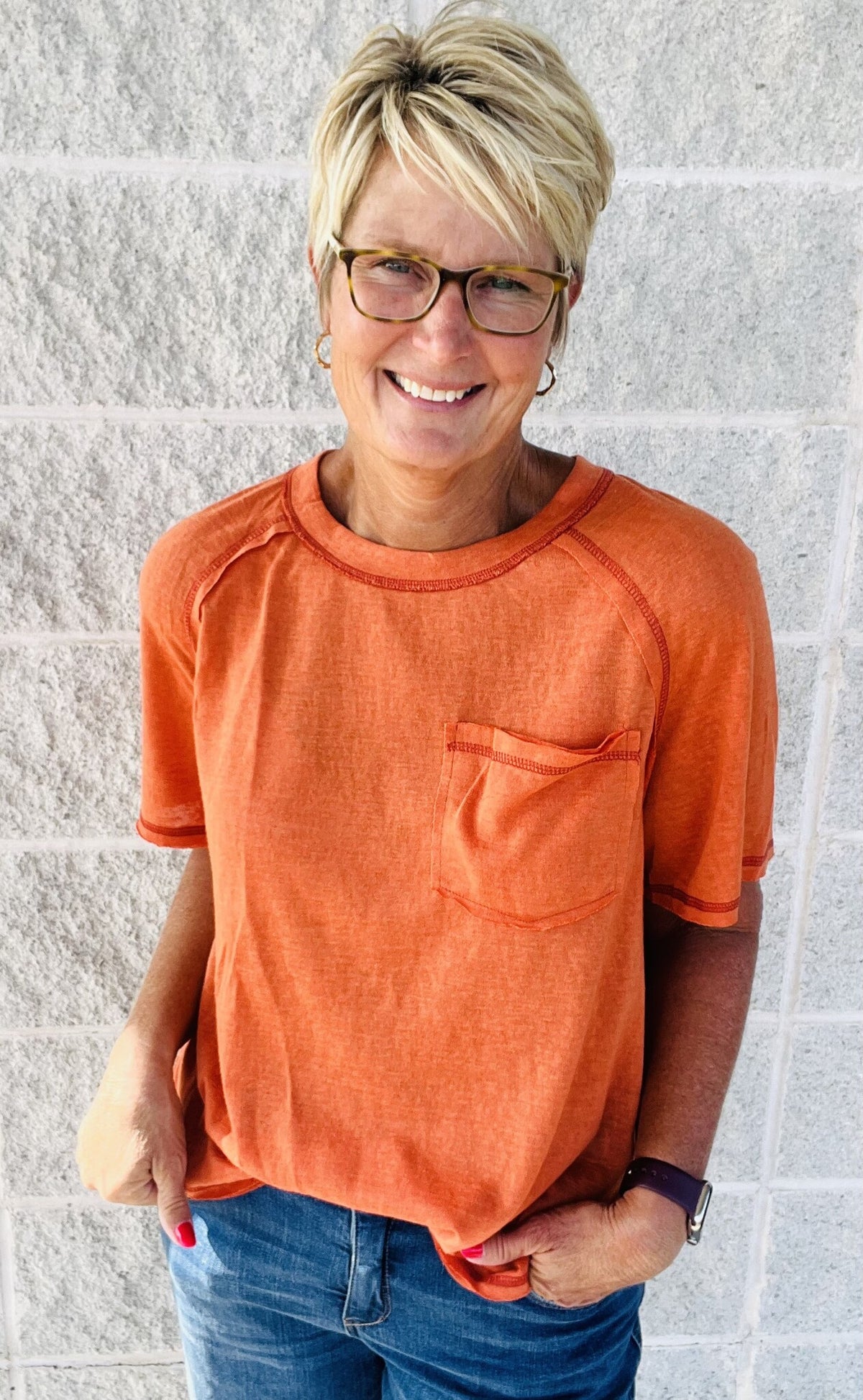 Raglan Short Sleeve Front Pocket Round Neck Top — alternate view 6