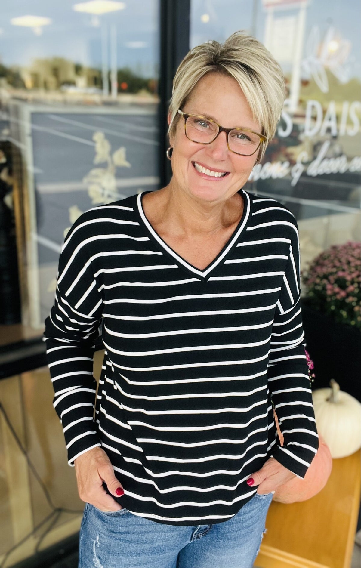 Basic Striped Top with V Neck and Long Sleeves — alternate view 3