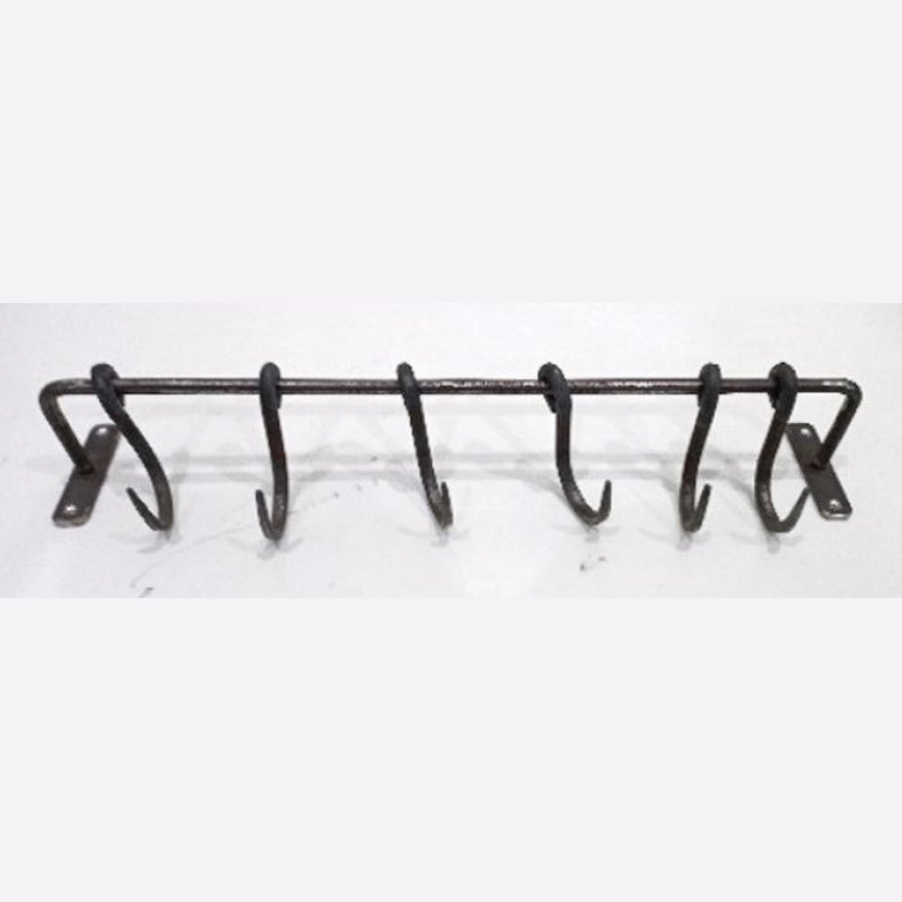 Hand-forged black iron wall-mounted rack featuring six sliding S-hooks on a horizontal metal bar for kitchen or home storage.