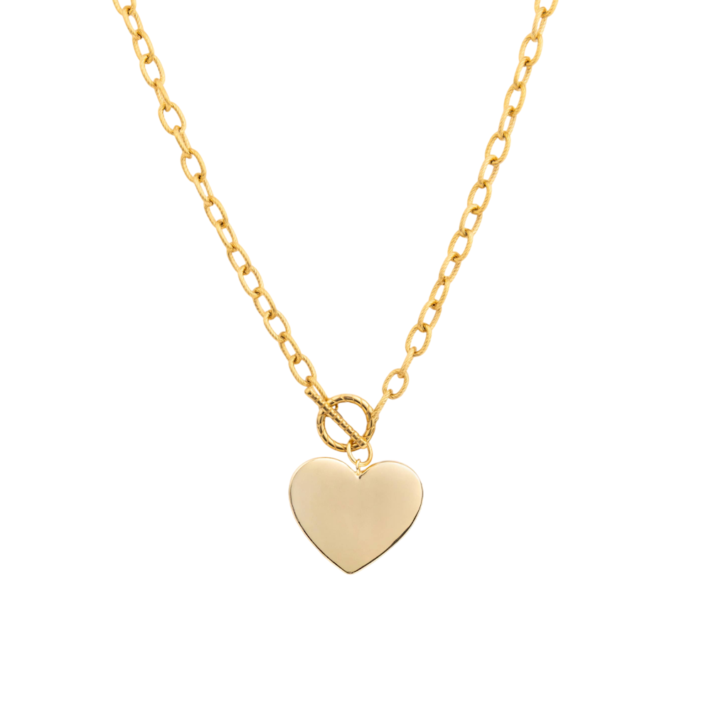 Gold chain link necklace with a smooth heart pendant attached to a toggle clasp.