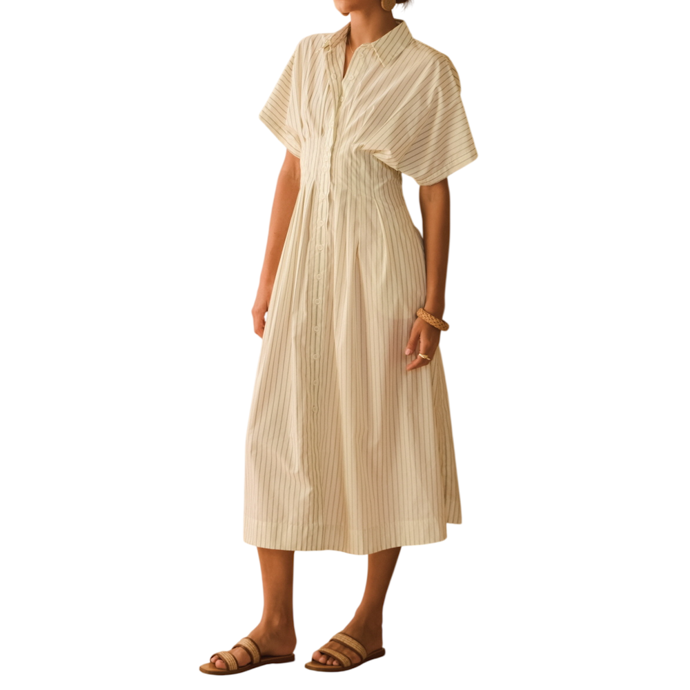 A woman wears an ivory, pin-striped midi shirt dress with short sleeves and flat, woven sandals.