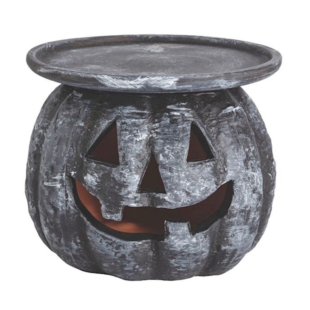 Black and white textured jack-o-lantern Halloween pillar candle holder.