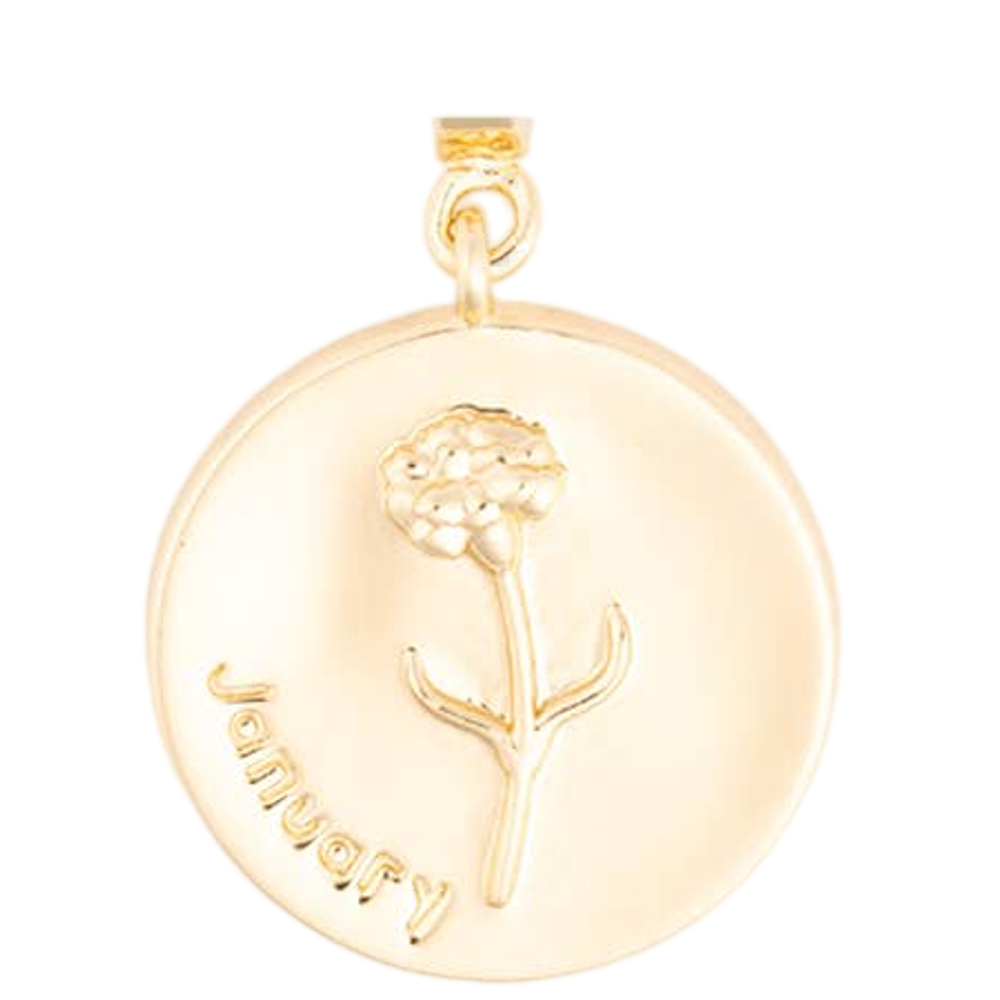 Round gold pendant charm featuring an engraved carnation flower and the word "January".