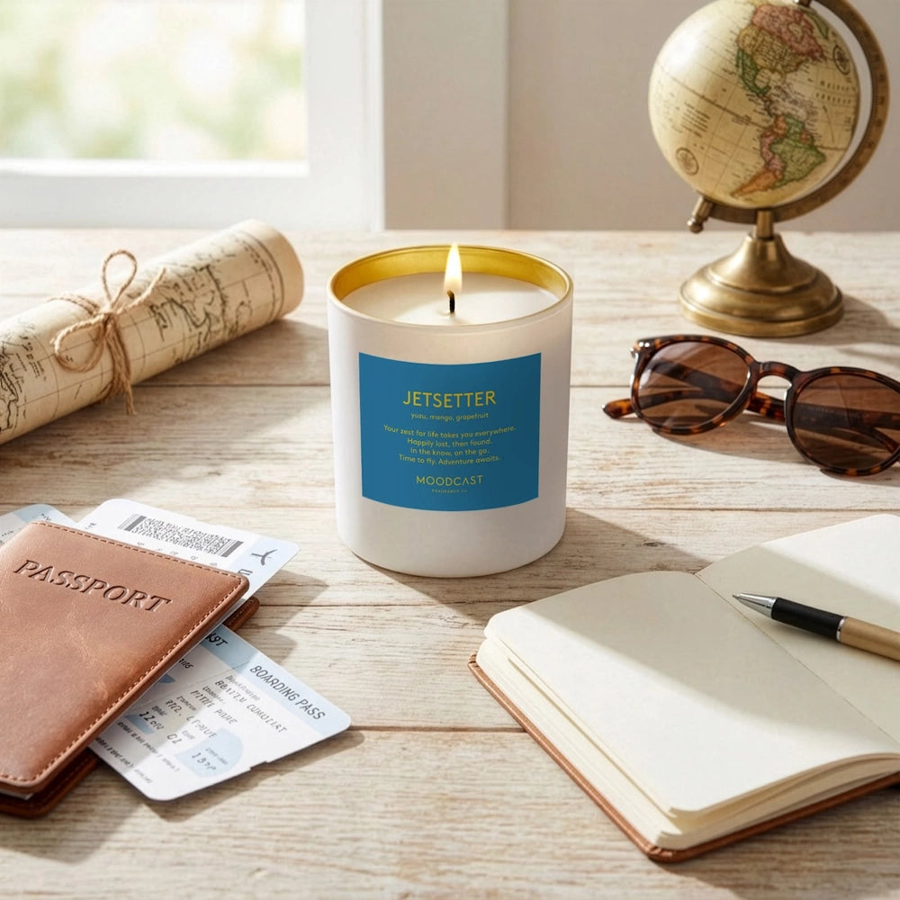Lit Moodcast Jetsetter candle on a desk surrounded by travel essentials like a passport, globe, and sunglasses.