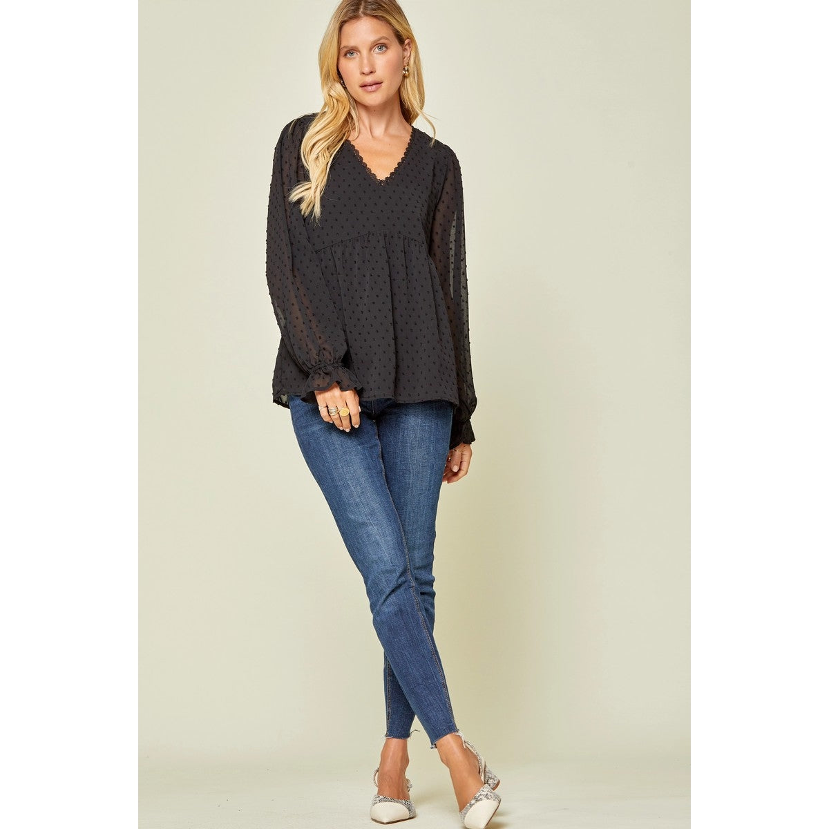 Black Swiss Dot Balloon Sleeve Top — alternate view 2