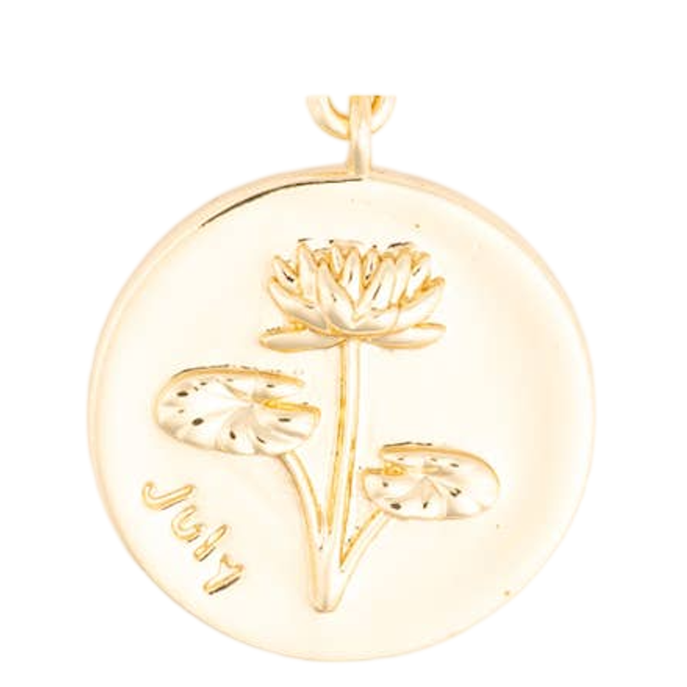 Round gold pendant charm featuring an engraved water lily flower and the word "July".