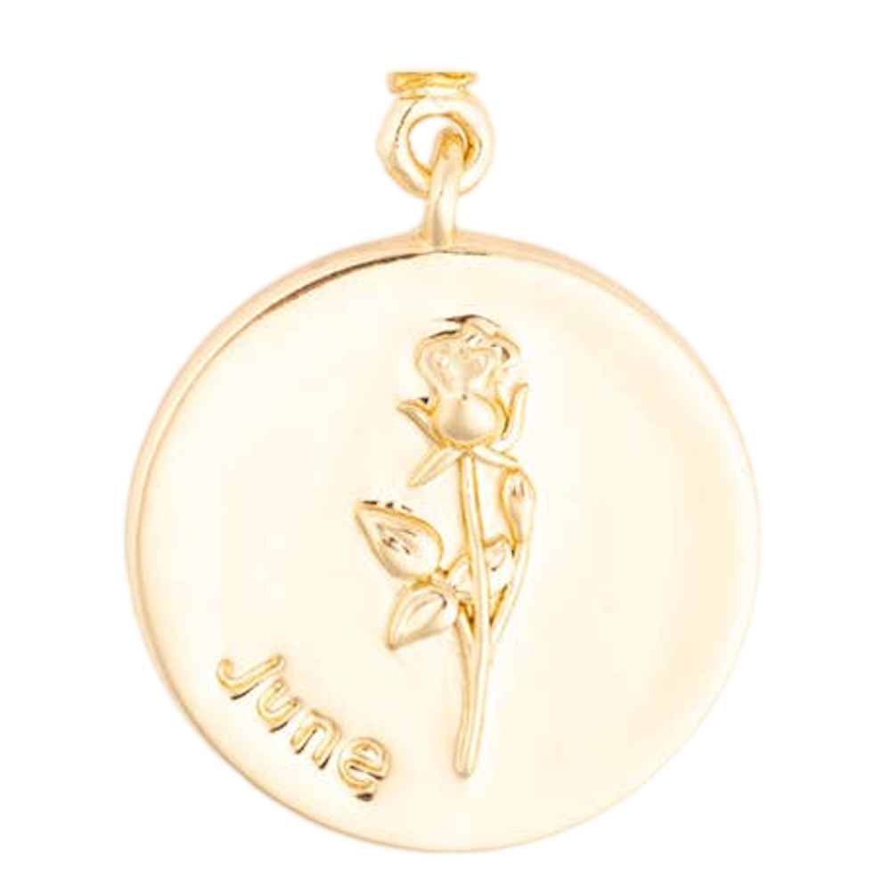 Round gold pendant charm featuring an engraved rose flower and the word "June".