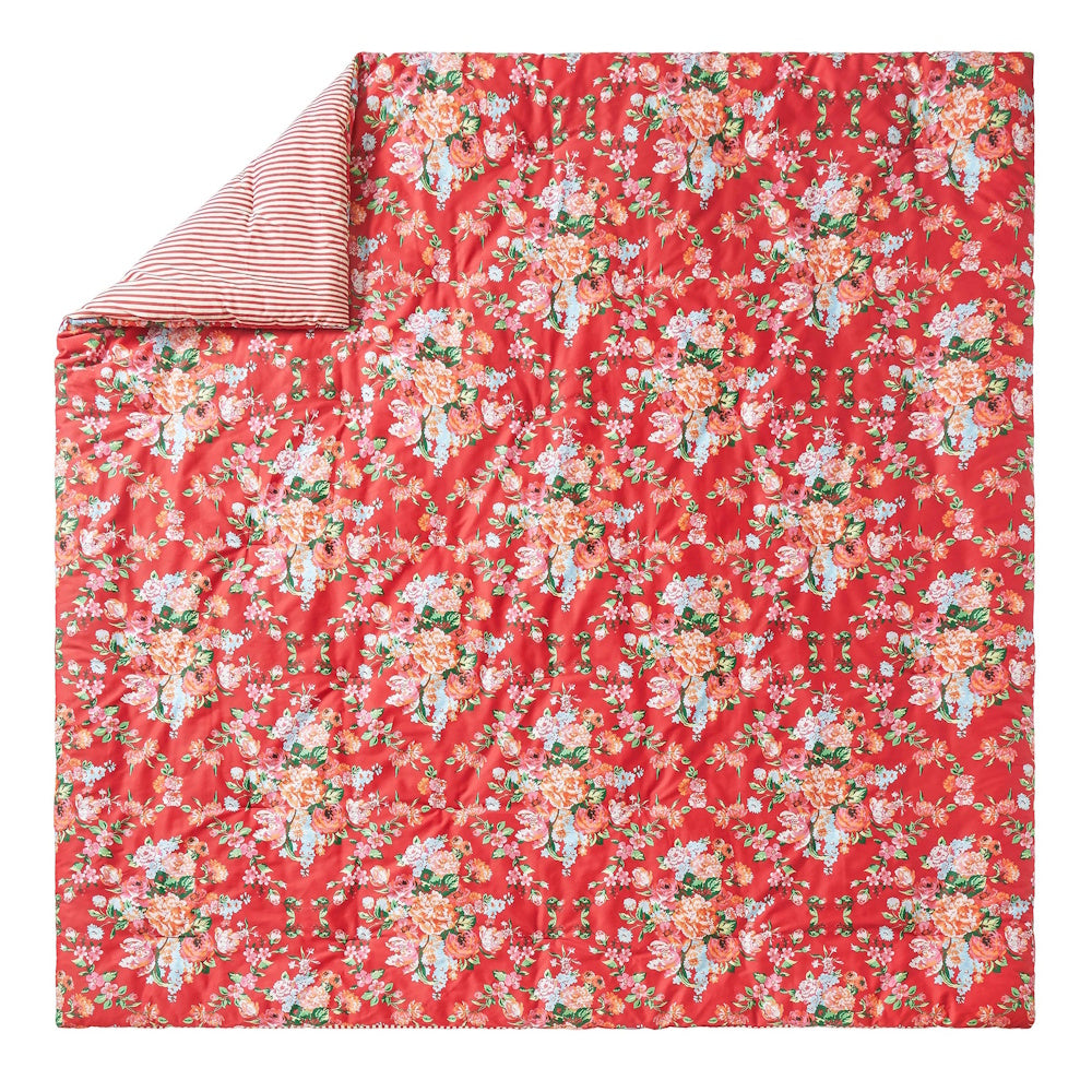 Red floral Junk Gypsy Garden Society comforter with a vintage rose pattern and a red-and-white striped reverse side.