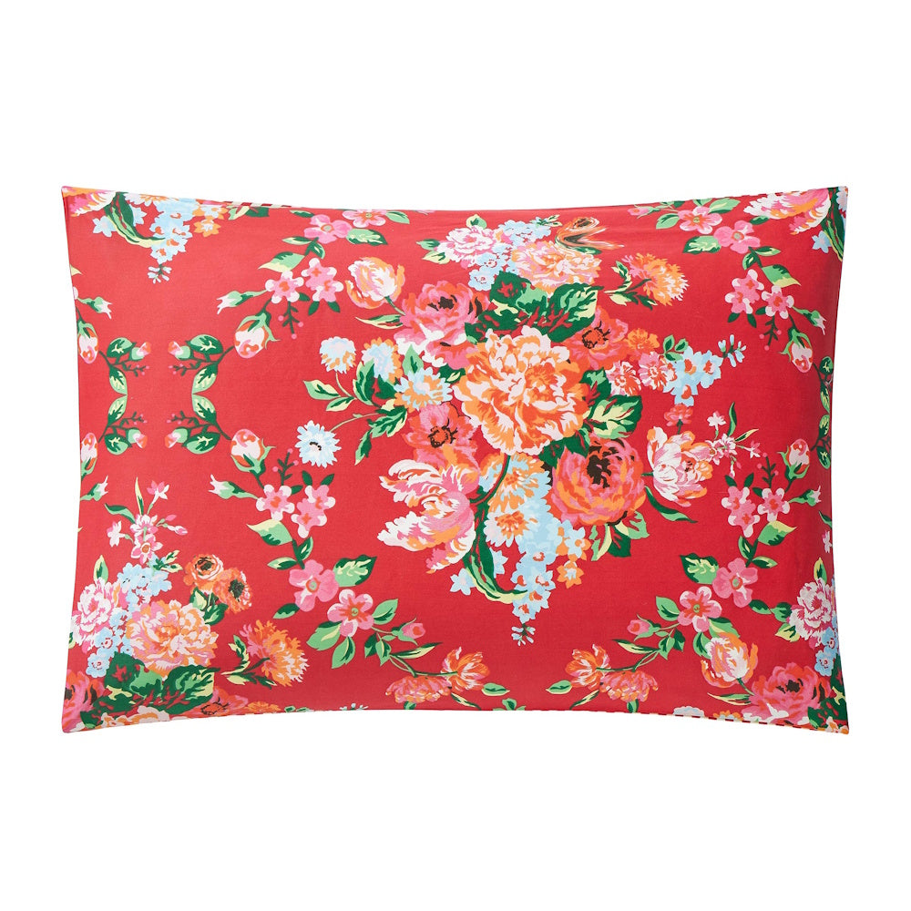Junk Gypsy Garden Society Red Floral Pillow Sham with Pink and Orange Flowers