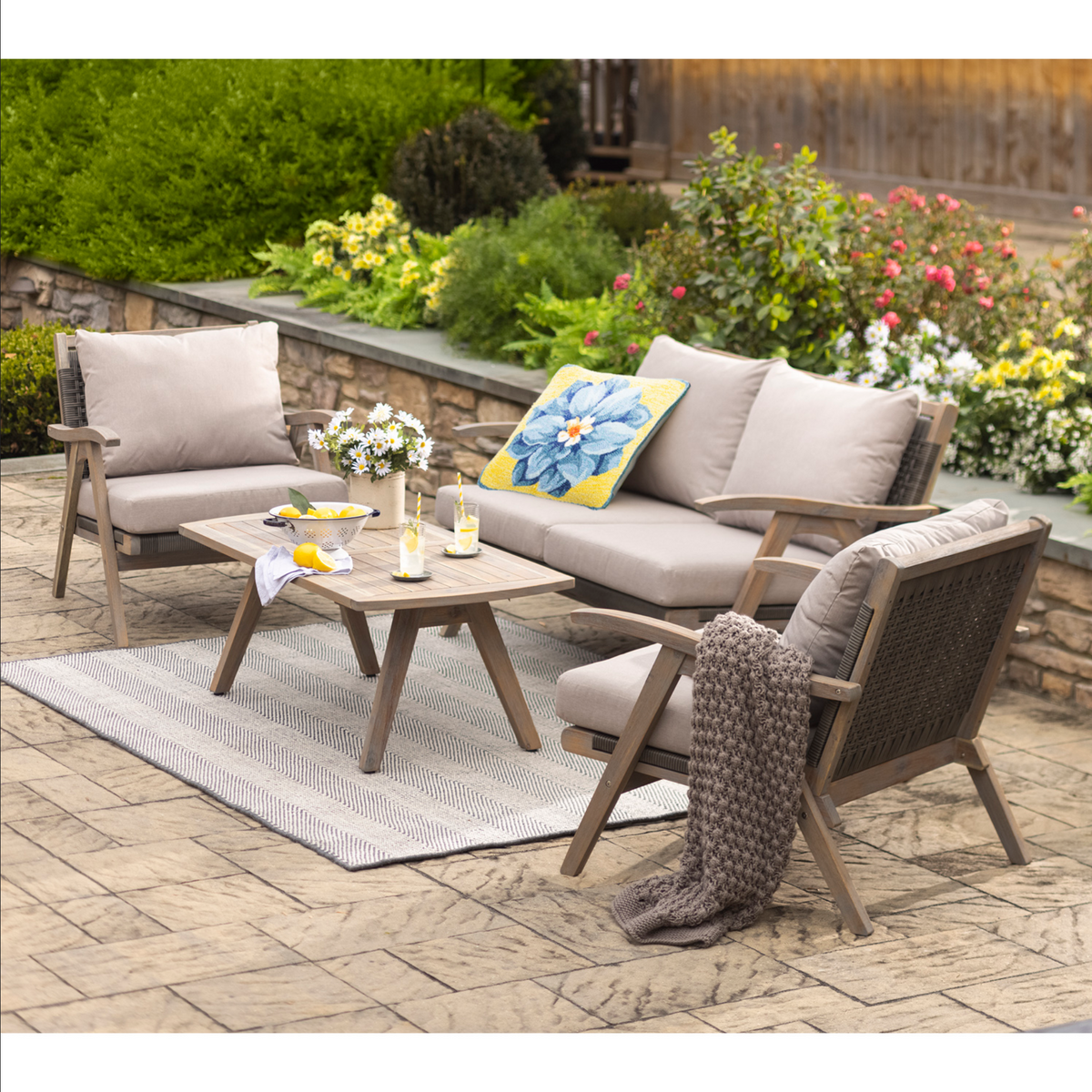 Timberwood Acacia Wood Outdoor Seating Set with Cushions, 4-Piece Set