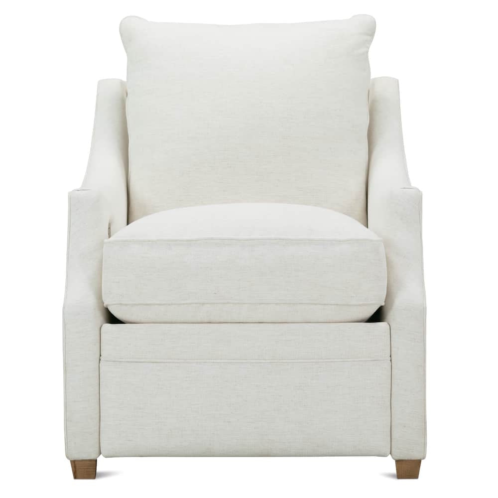 Front view of cream upholstered zero wall power recliner chair with plush seat cushion and tapered wood feet.