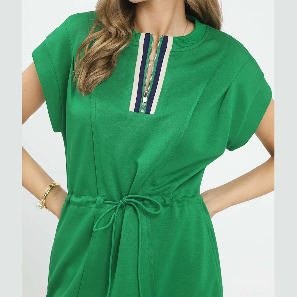 Kelly green knit zip-front dress with a drawstring waist, short sleeves, and navy and white striped collar detailing.