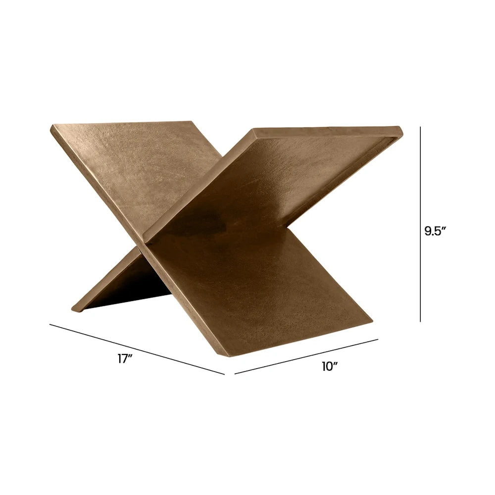 X-shaped bronze book holder with dimensions: 17 inches long, 10 inches wide, and 9.5 inches high.