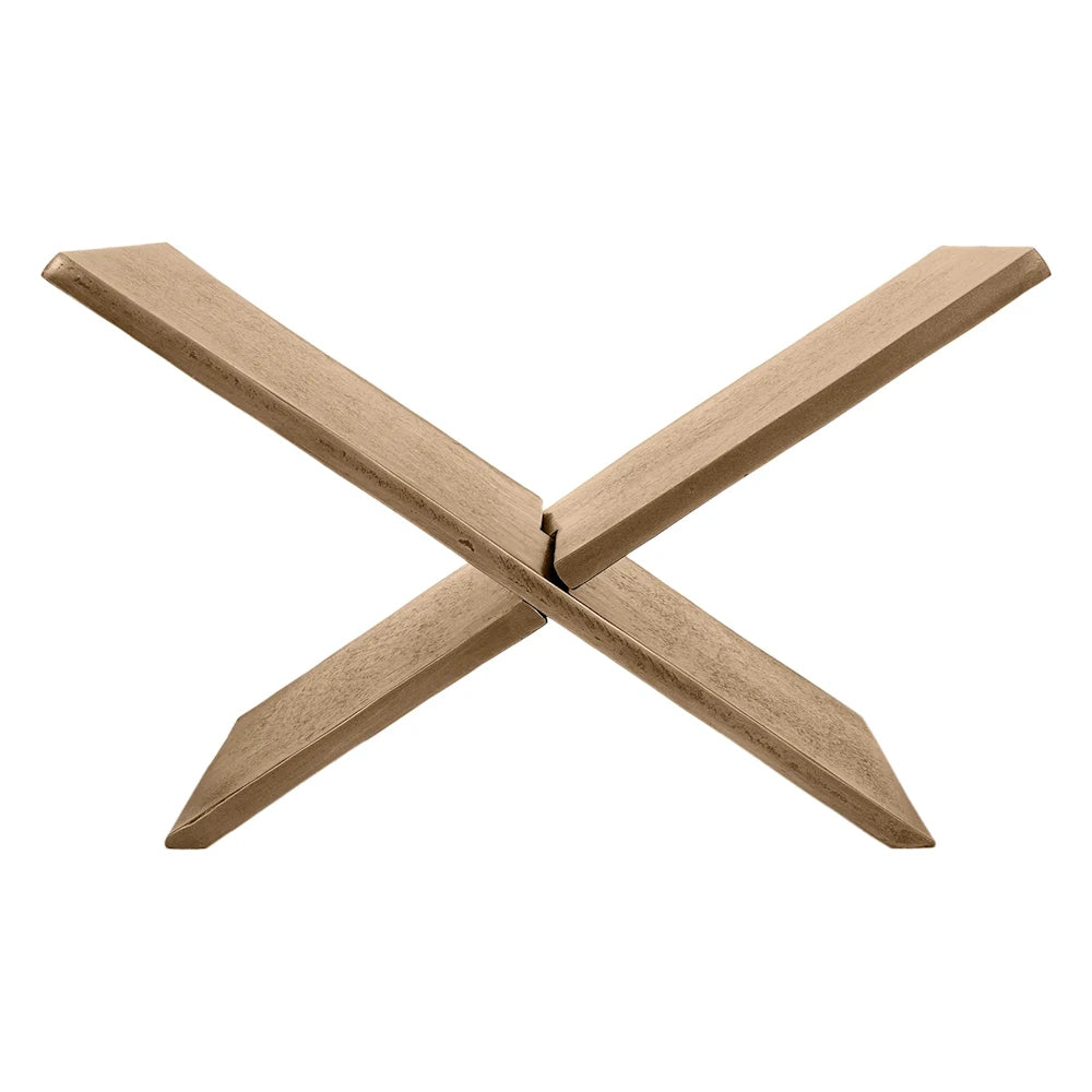 An X-shaped wooden book holder or stand with a natural, rustic textured finish against a plain white background.