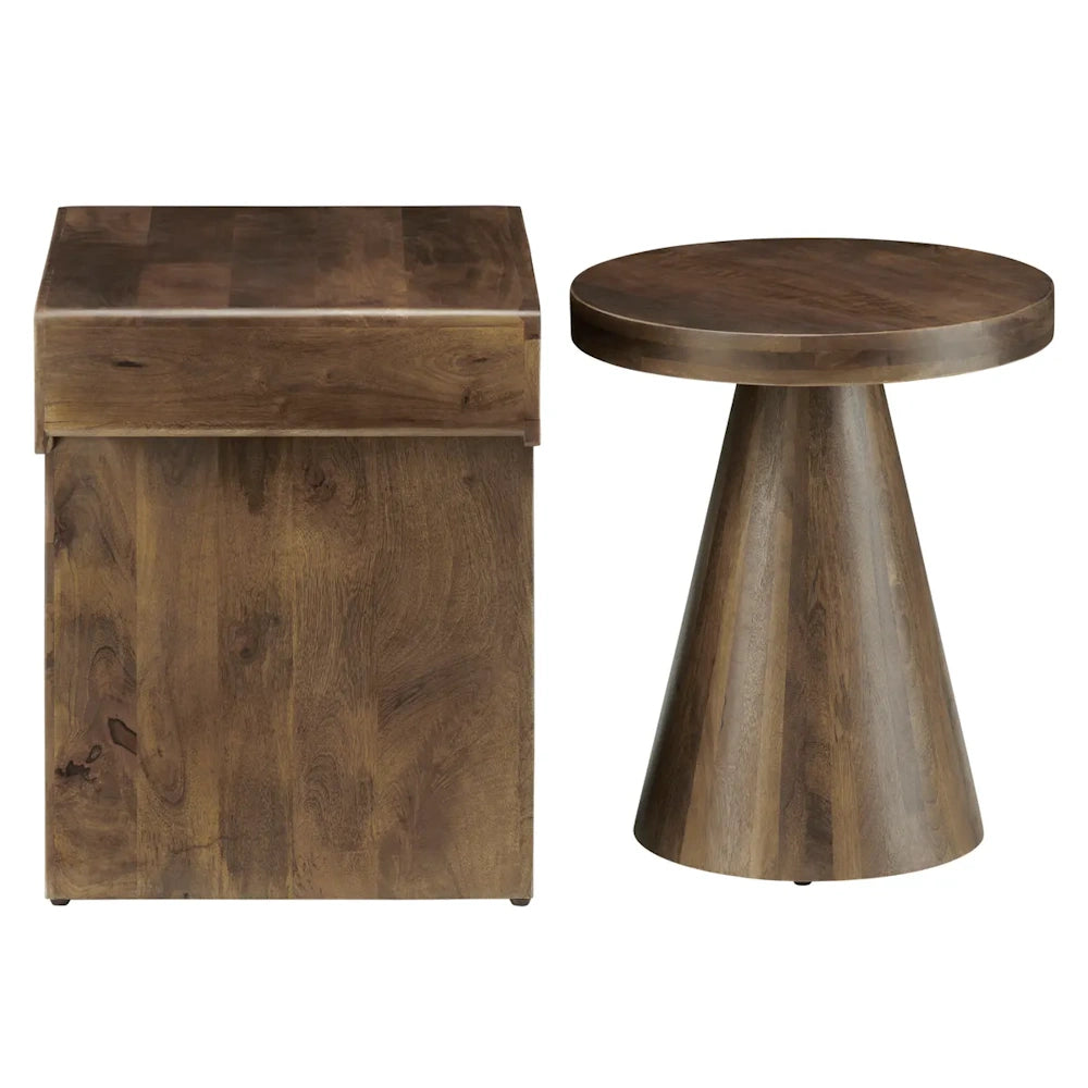 Two dark wood side tables, one rectangular with a solid block base and one round with a conical base.