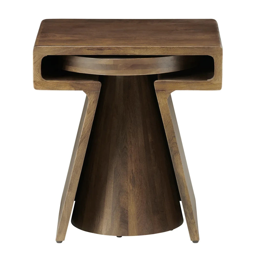 Side view of a set of dark brown wood nesting side tables featuring a T-shaped outer table over a conical inner table.