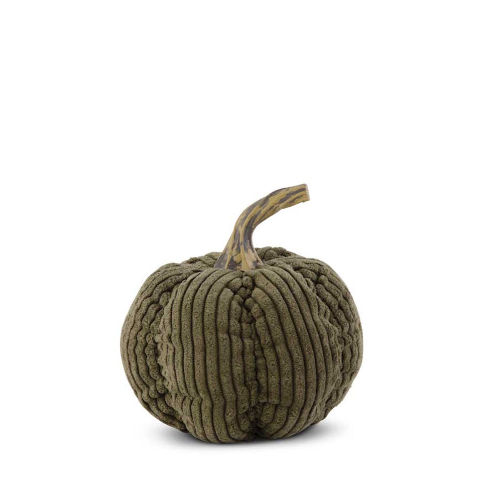 Small olive green corduroy decorative pumpkin with a brown textured stem against a white background.