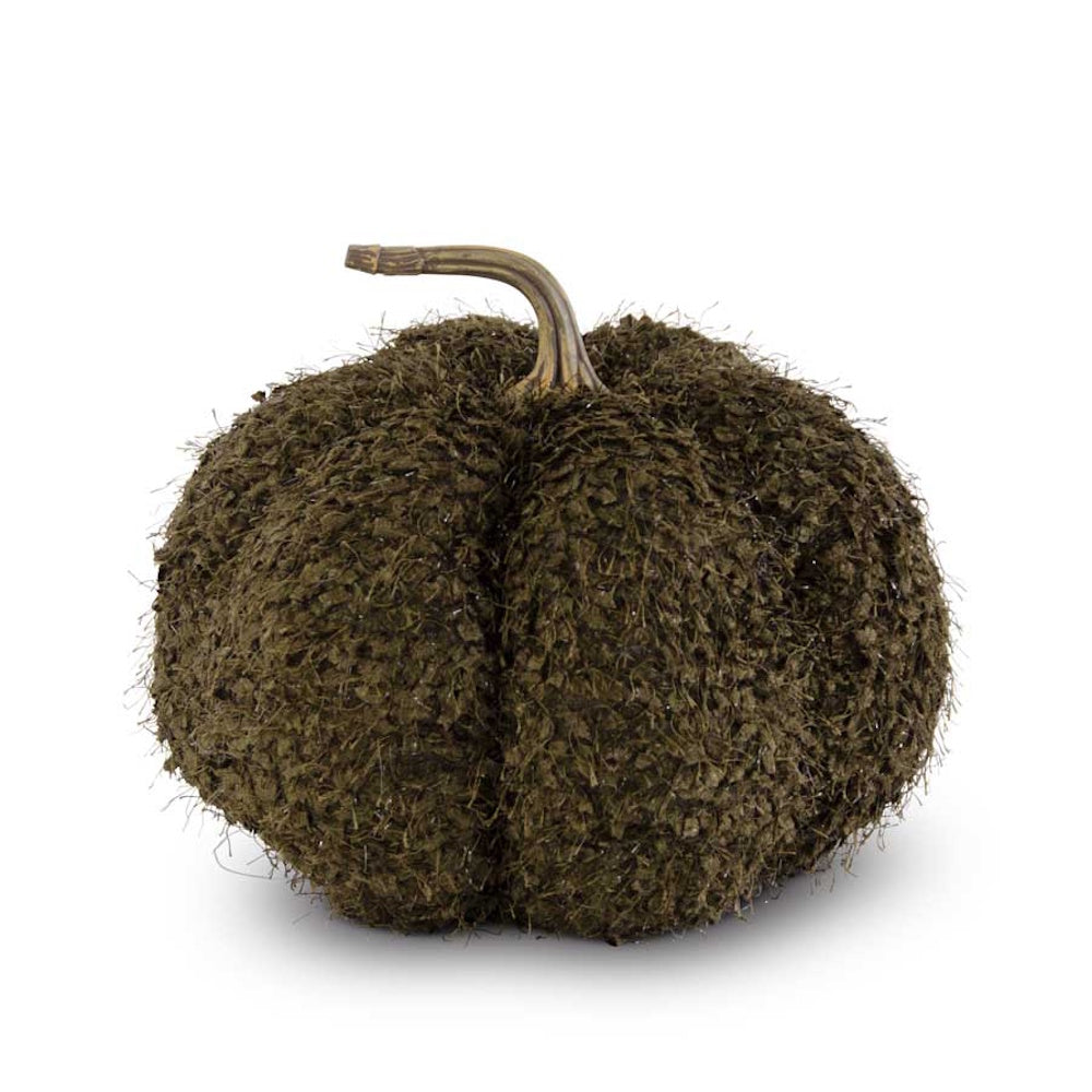 Textured olive green fringed fabric pumpkin decorative accent with a curved stem.