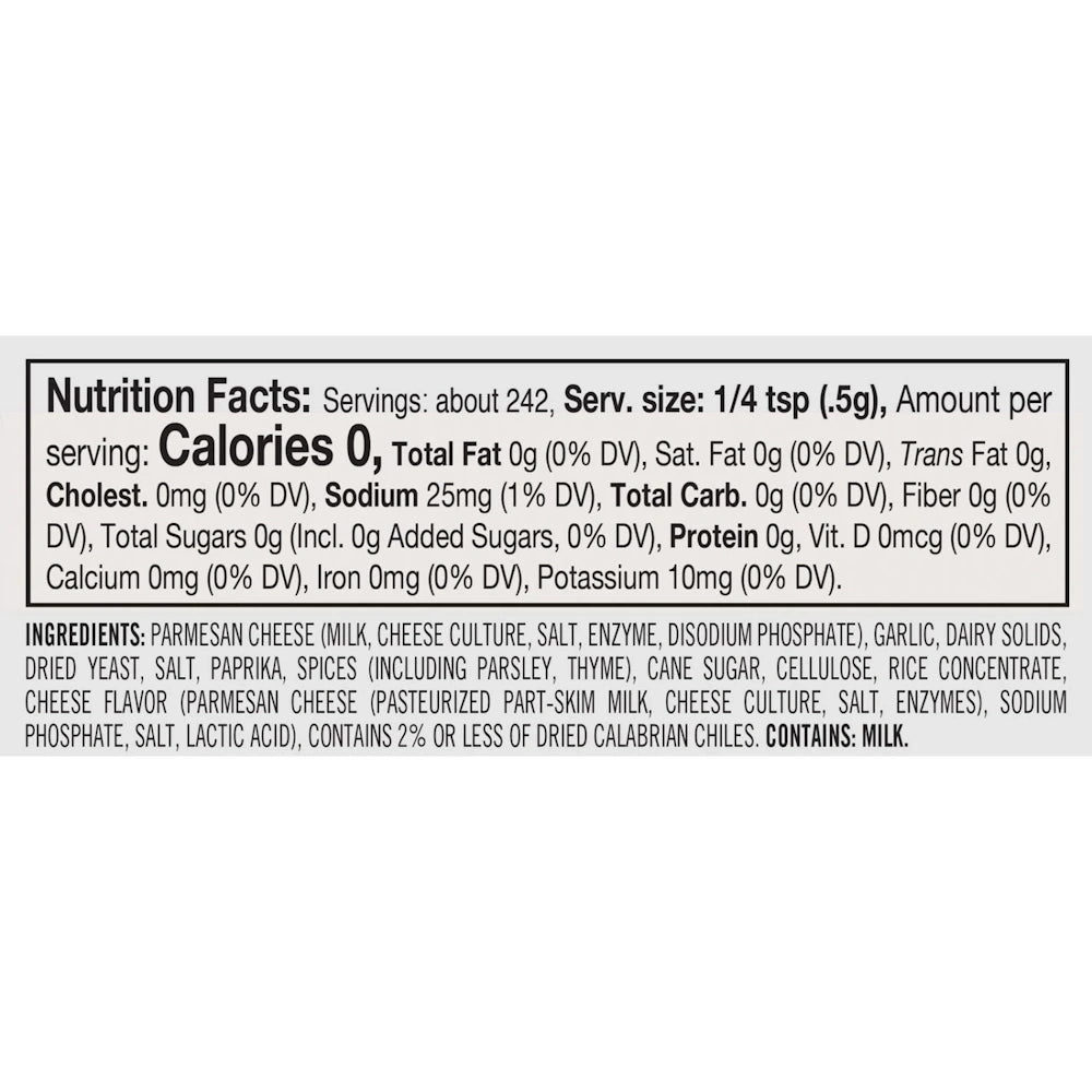 Nutrition Facts label and ingredient list for a seasoning blend featuring Parmesan cheese, garlic, and spices.