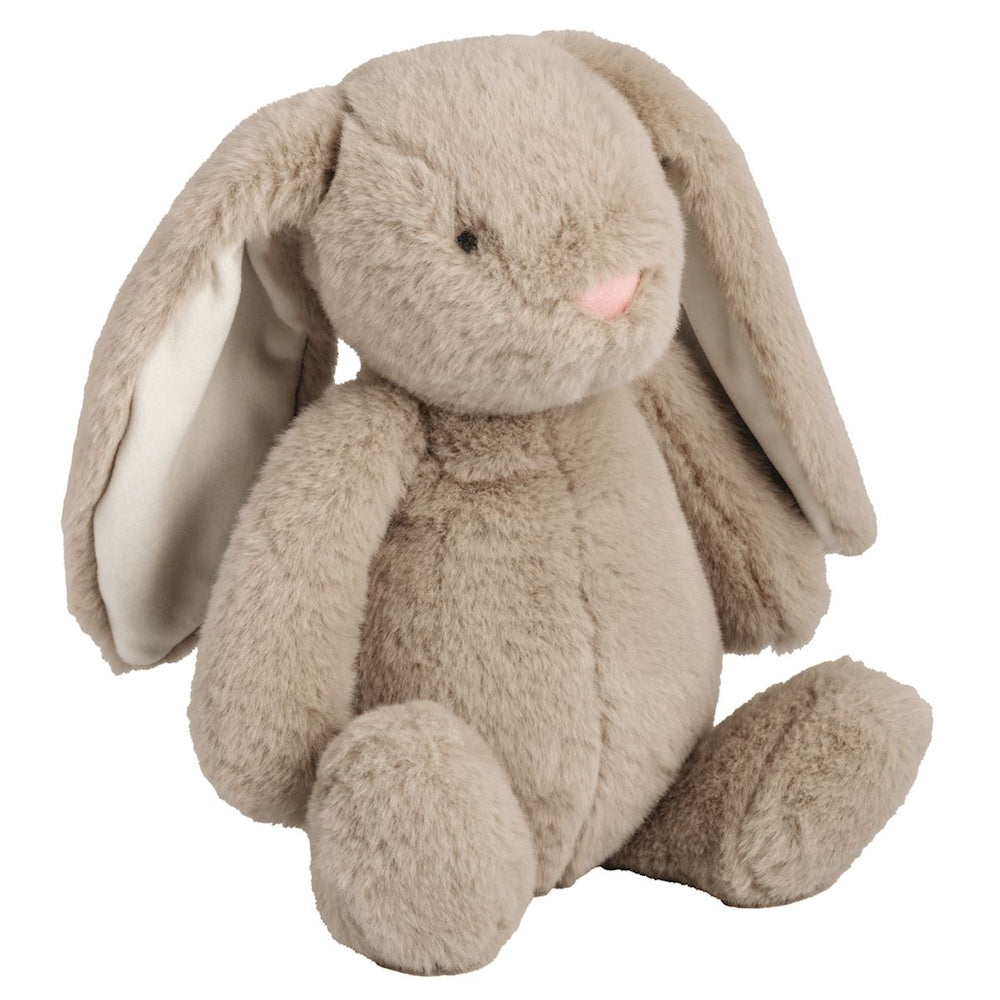 Soft beige plush bunny with long floppy ears and a pink nose, sitting on a white background.
