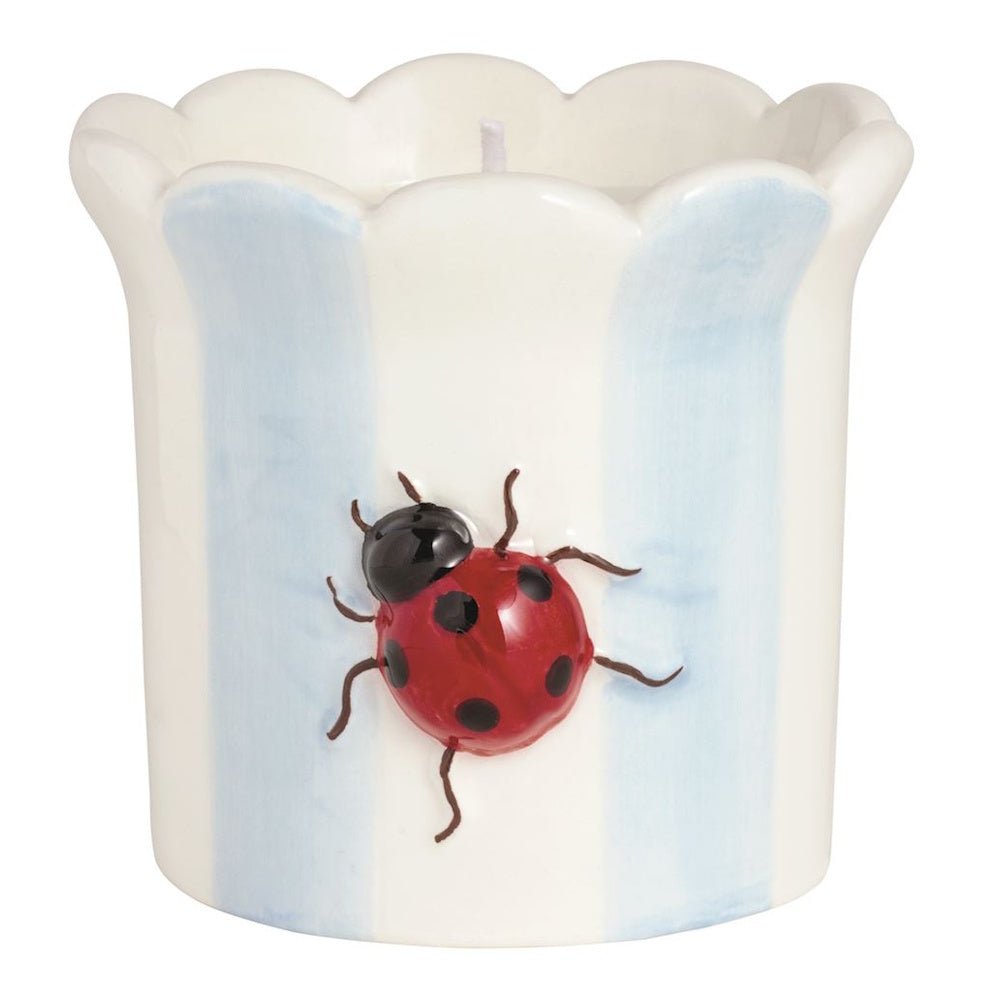 Ceramic ladybug candle holder with blue and white stripes and scalloped rim.