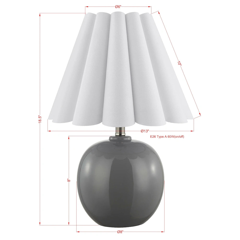 Gray ceramic table lamp dimensions with white pleated shade, 18.5 inch height and 13 inch shade width.