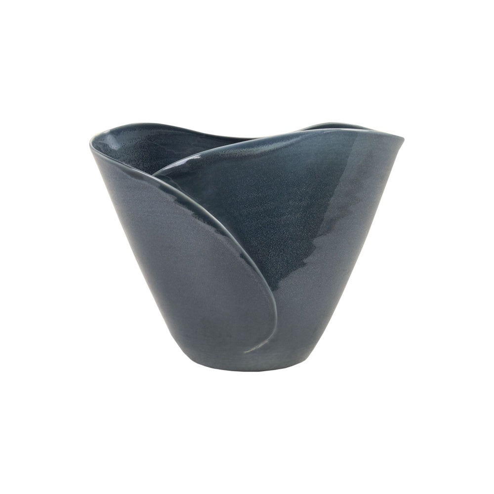 Deep charcoal grey ceramic bowl with a unique petal-shaped rim and textured glaze on a white background.