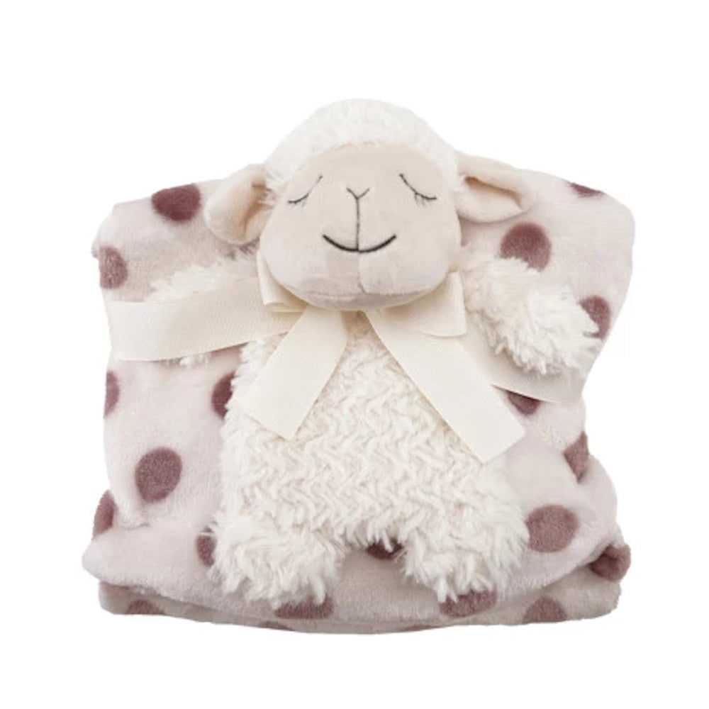 Plush white sheep lamb toy with a pink polka dot baby blanket and cream ribbon.