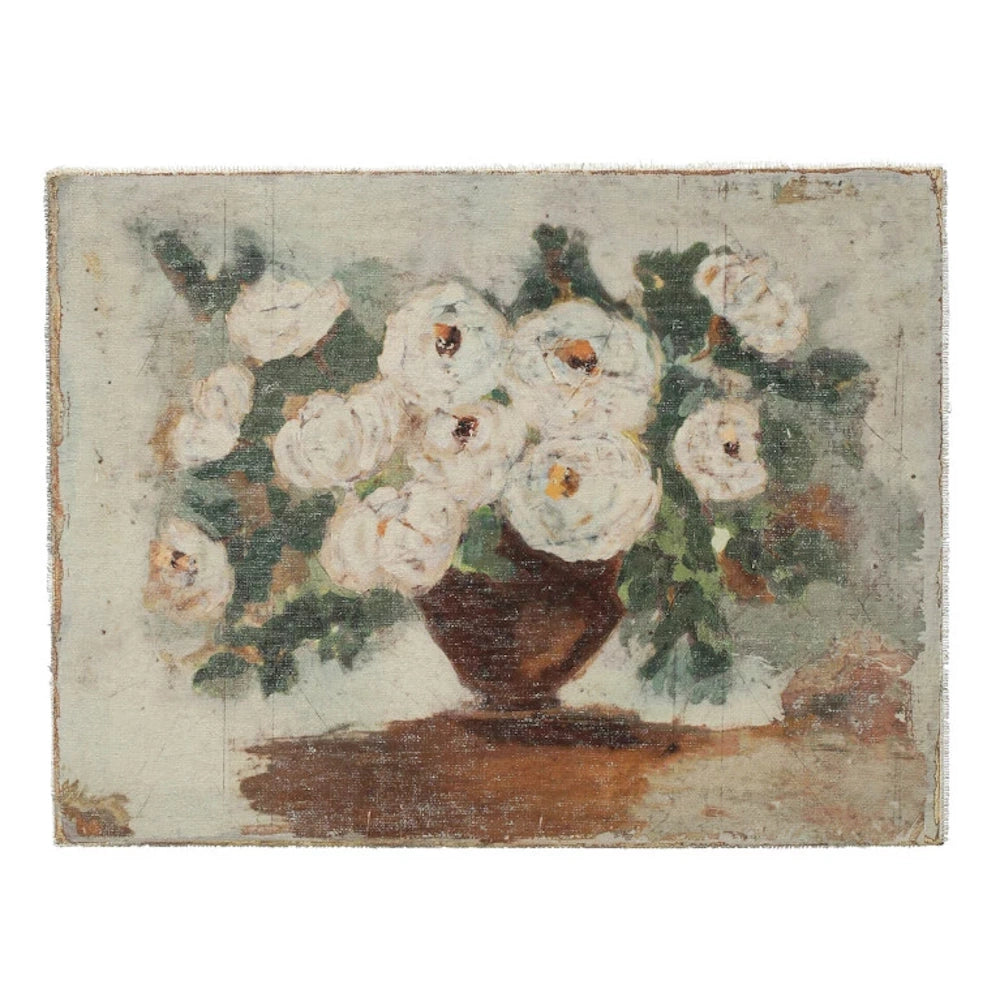 Antique-style canvas painting of a brown vase with faded white flowers against a grey background.