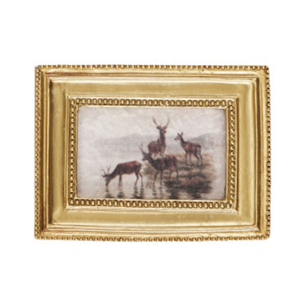 Mini rectangular gold frame magnet with vintage illustration of deer near water in a landscape.