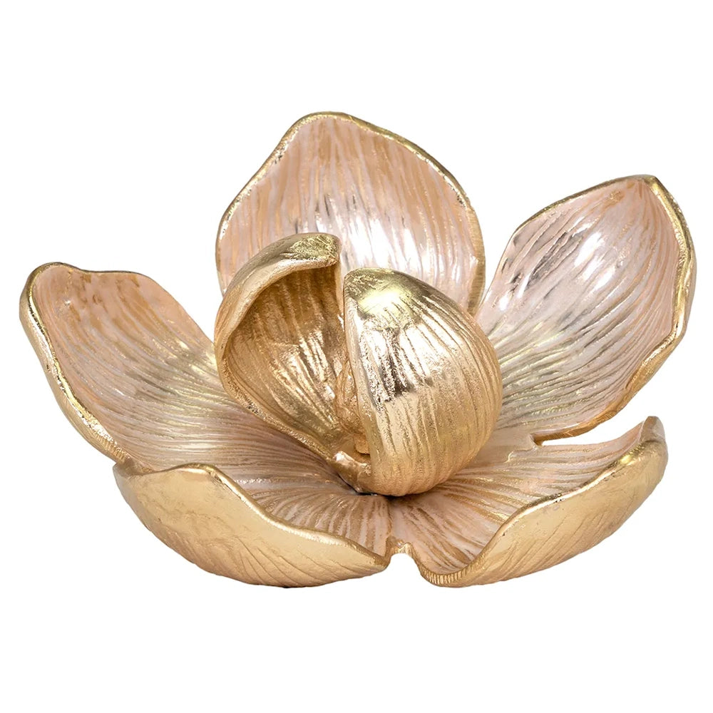 Gold and pink metallic flower sculpture with open petals and a central bud on a white background.