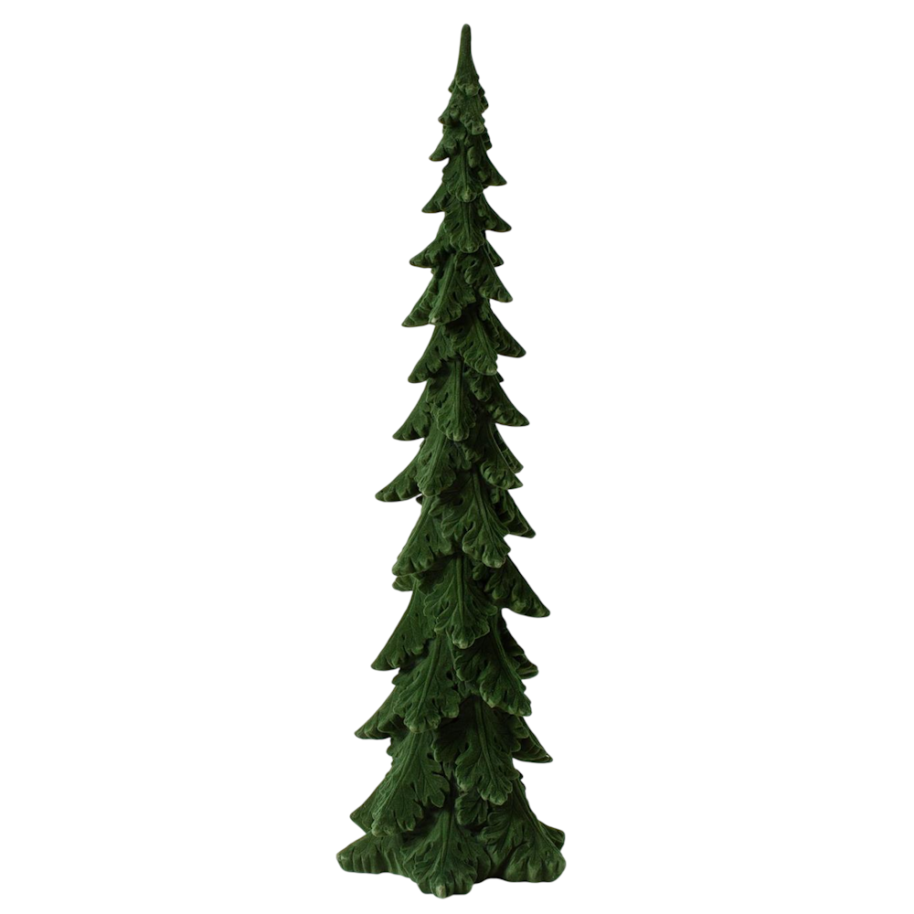 Tall, slender dark green alpine pencil fir tree figurine on a plain white background.