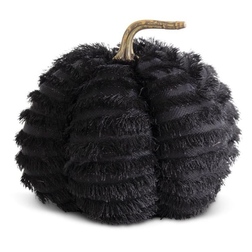 Black fabric decorative pumpkin covered in textured eyelash fringe with a curved resin stem.