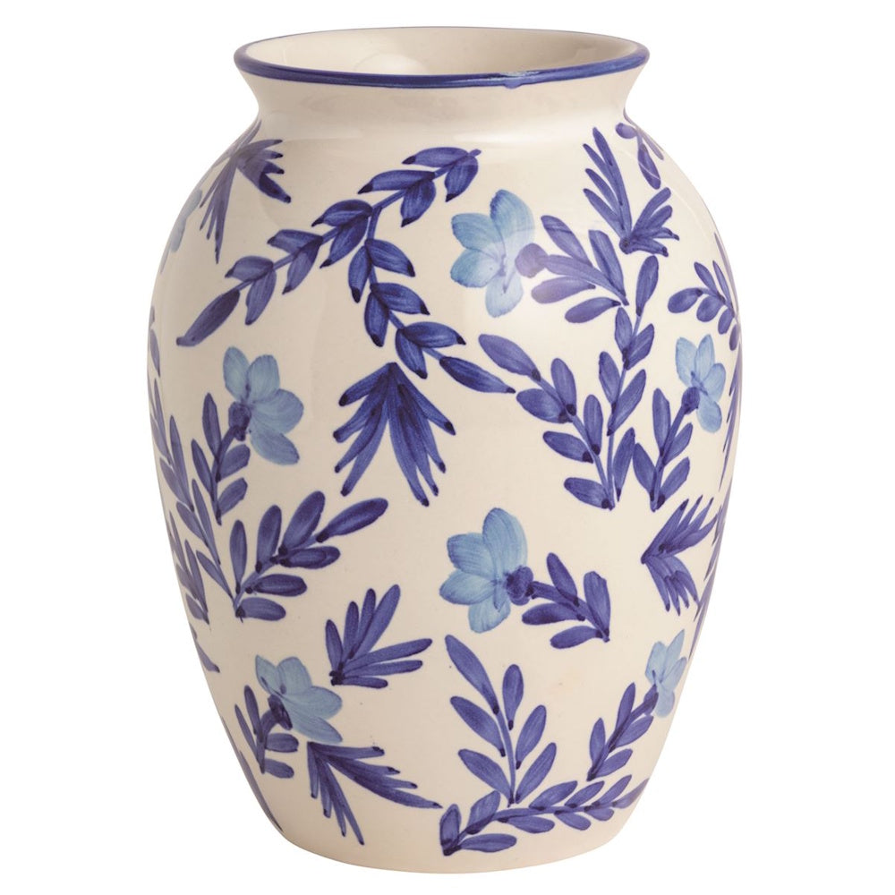 White ceramic vase with blue hand-painted floral and vine patterns and a blue rim on a white background.