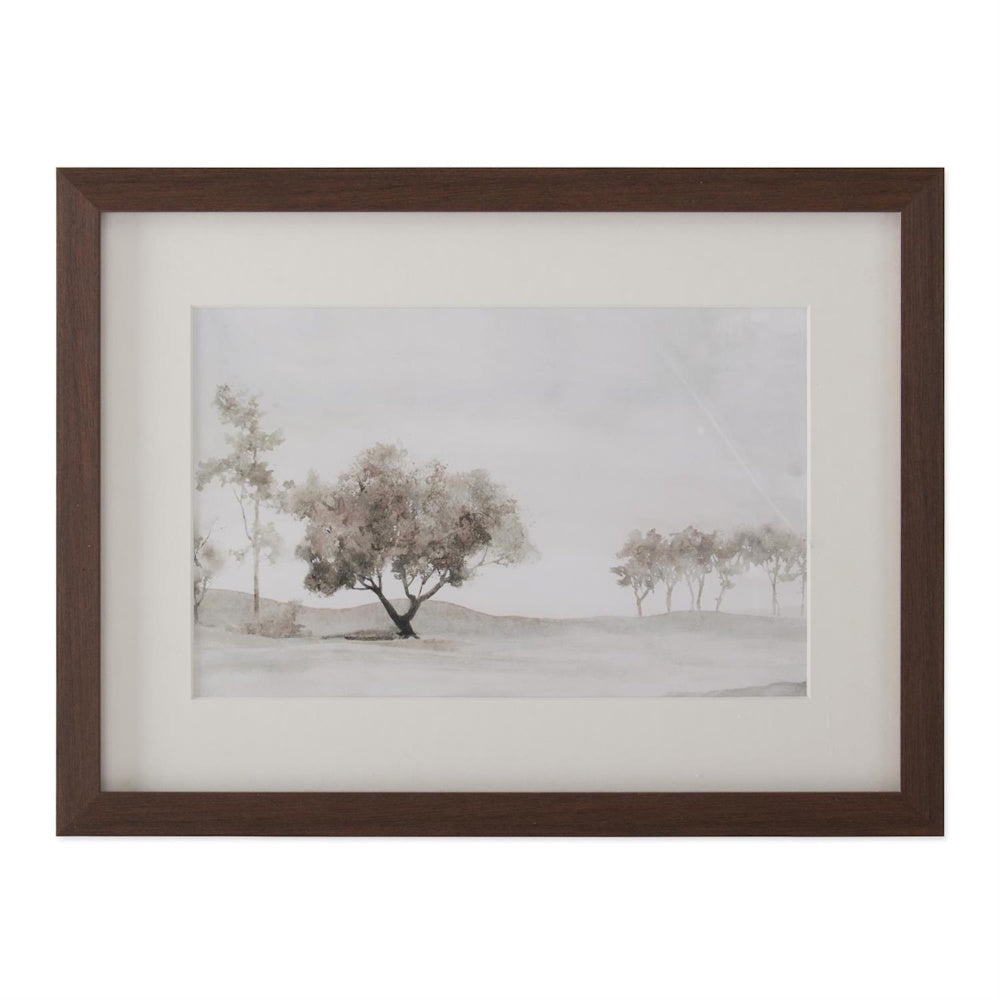 Watercolor landscape print of trees in a brown wood frame with white matting.
