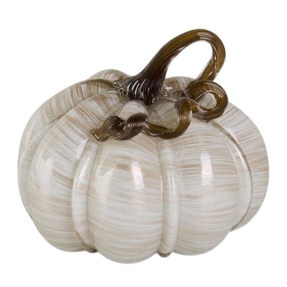 A handblown glass pumpkin with cream and gold swirls and a dark, twisted glass stem.