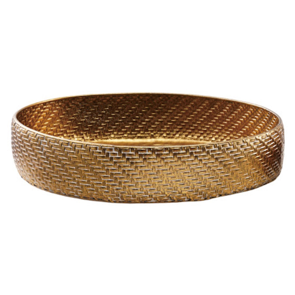 Large round gold woven metal tray with textured basket weave pattern on white background.
