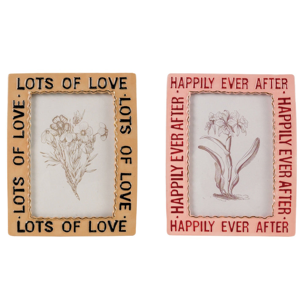 Tan and pink ceramic frames reading 'Lots of Love' and 'Happily Ever After' around floral sketches.
